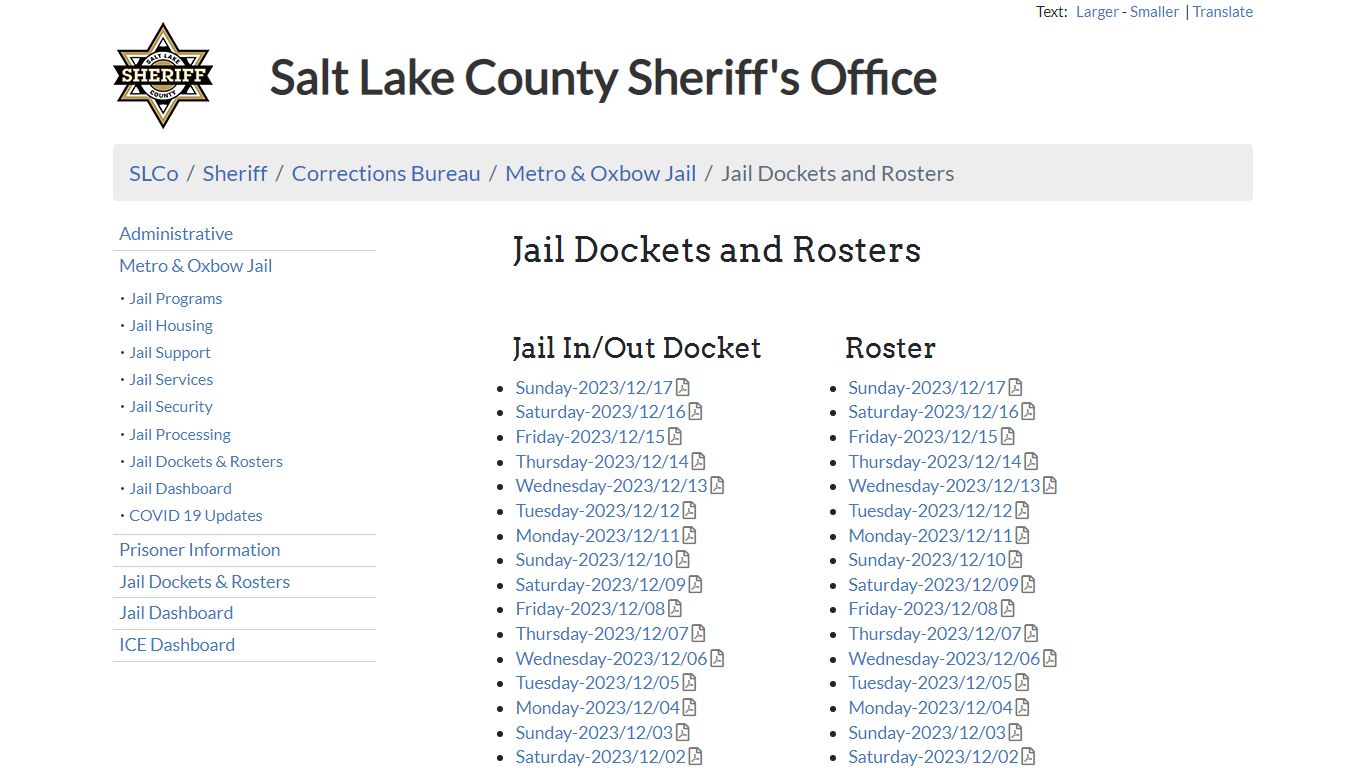 Jail Dockets and Rosters - Sheriff | SLCo - Salt Lake County, Utah